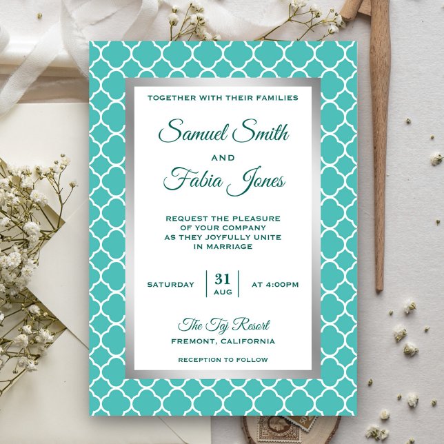 Invitación de boda teal con foil de plata falso en (Subido por el creador)