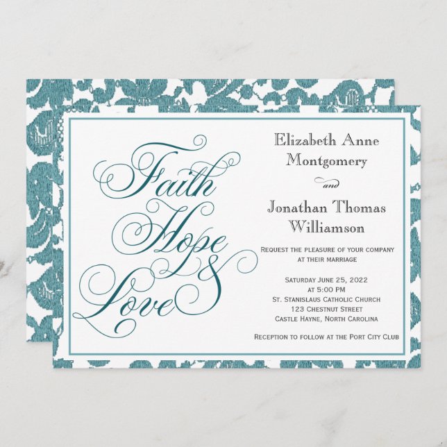 Invitación de boda Teal Lace Faith Hope & Love (Anverso / Reverso)