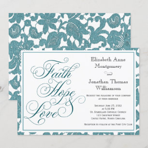Invitación de boda Teal Lace Faith Hope & Love