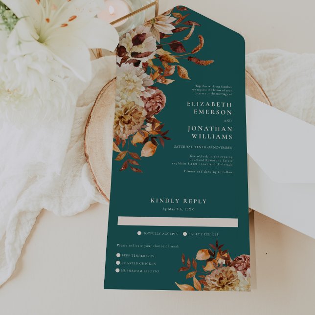 Invitación de boda Teal todo en uno (Fall Teal Terracotta Floral  Wedding All In One Invitation by Painted Paperie)