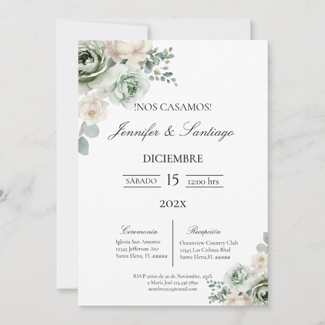 Invitación de boda tema botanica  (Anverso)