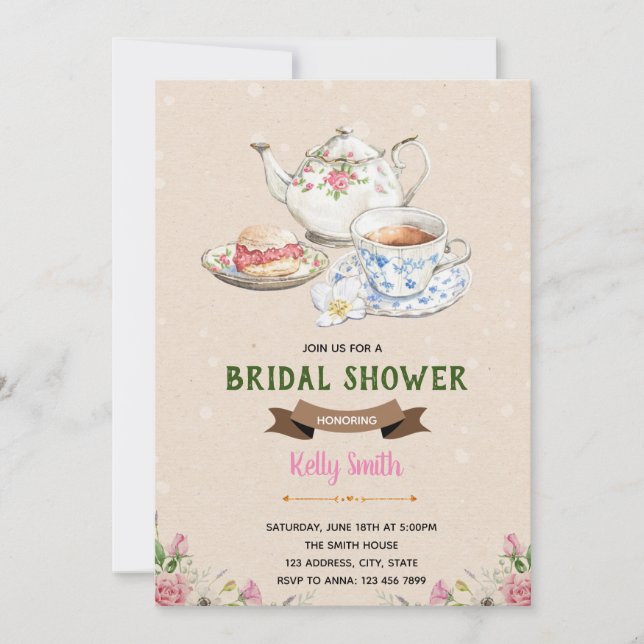 invitación de boda tema de pastel de té de flores (Anverso)