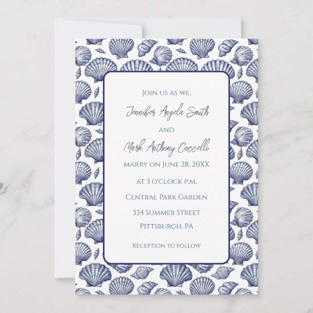 Invitación de boda tema de playa náutica con conch (Anverso)