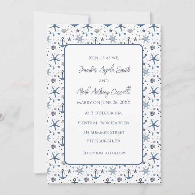 Invitación de boda tema playa náutica Anclas  (Anverso)
