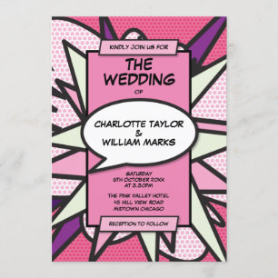 Invitación de boda temática de cómic rosa moderno
