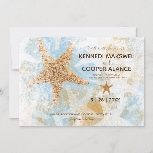 Invitación de boda temática de playa con estrellas (Anverso)