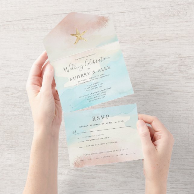 Invitación de Boda Temática de Playa TODO EN UNO (desgarro)