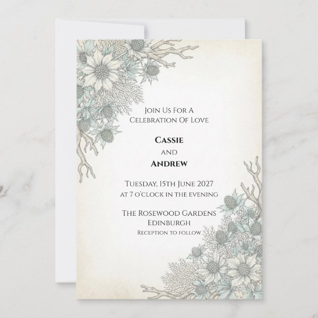 Invitación de boda Thistle Azul Pálido (Anverso)