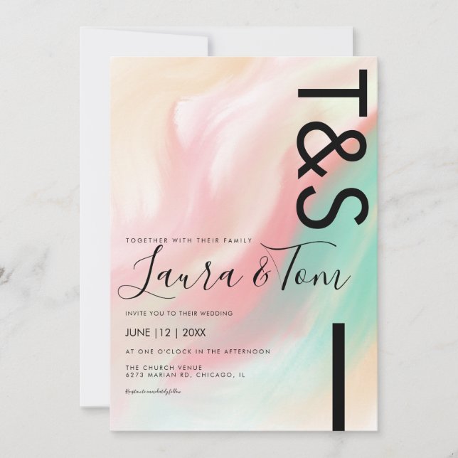 Invitación de Boda Tipografía Mármol Rosa Turquesa (Anverso)
