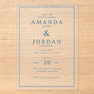 Invitación de boda tipográfica azul elegante