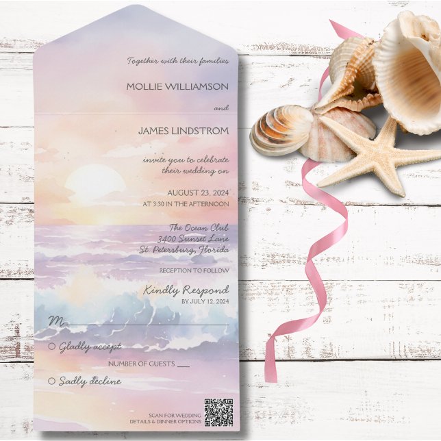 Invitación de Boda Todo en Uno Atardecer en la Pla (Also available without QR code. )