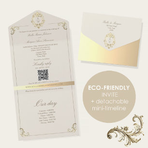 Invitación de Boda Todo en Uno Barroco Dorado + Cr