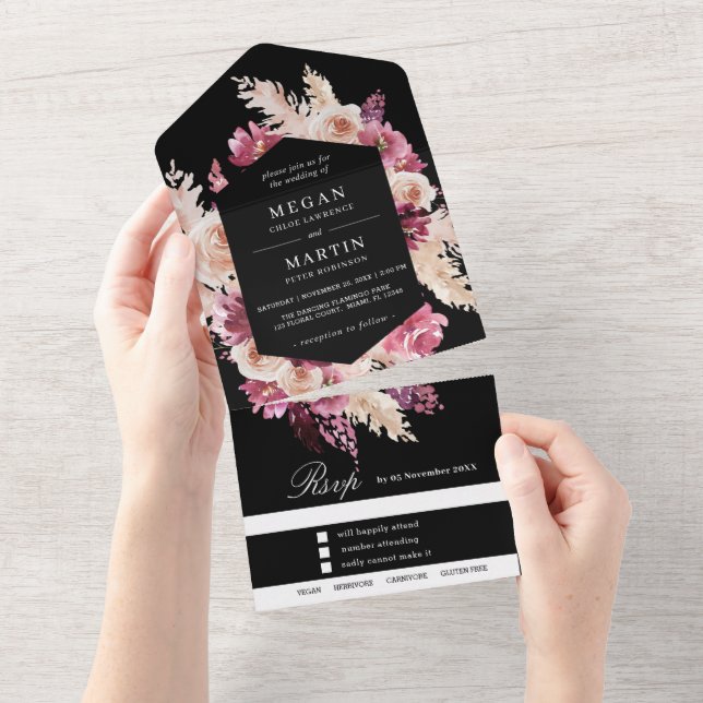 Invitación de Boda Todo en Uno Boho Negra y Rosa (desgarro)