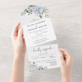 Invitación de Boda Todo en Uno Botánico Azul Suave