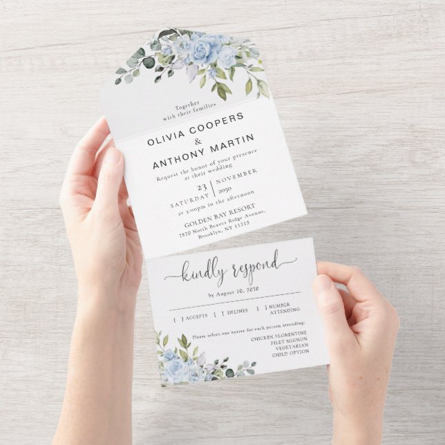 Invitación de Boda Todo en Uno Botánico Azul Suave (desgarro)