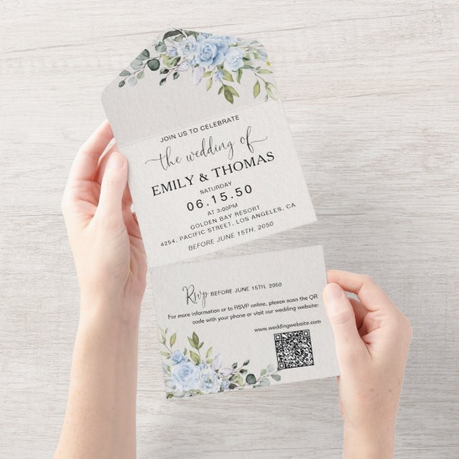 Invitación de Boda Todo en Uno Botánico Azul Suave (desgarro)