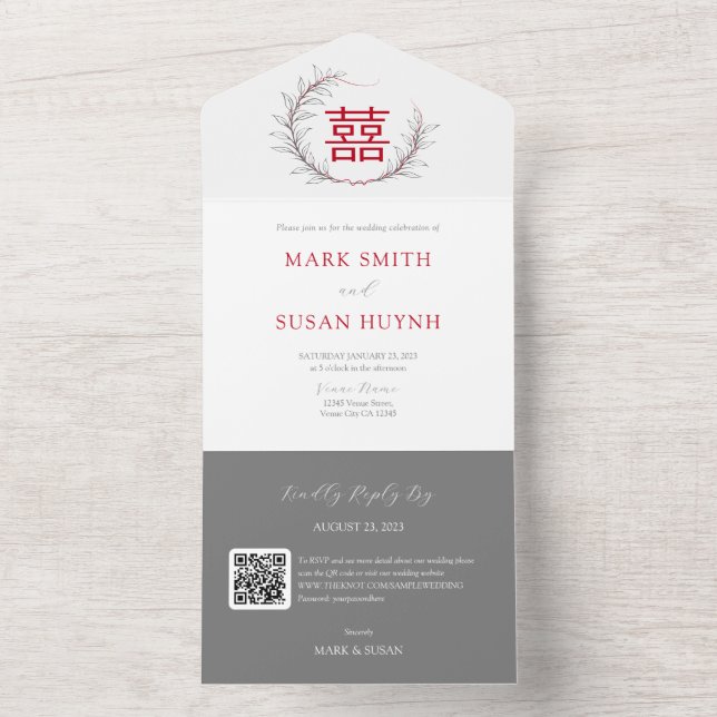 Invitación de Boda Todo en Uno China Moderna (ROJO (Interior)