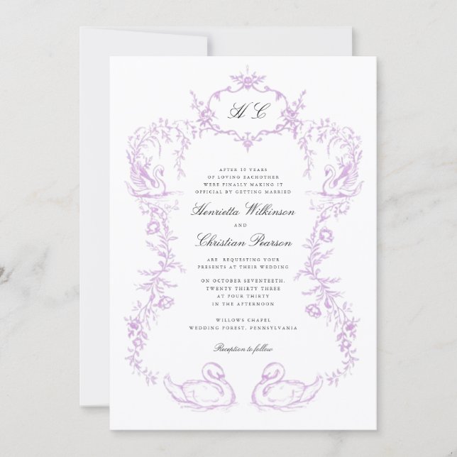Invitación de boda todo en uno con cisne Chinoiser (Anverso)