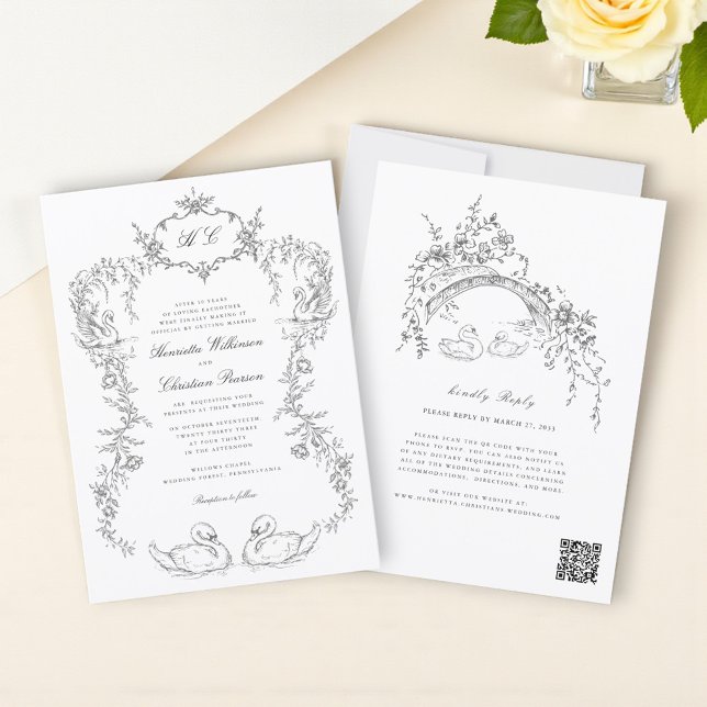 Invitación de boda todo en uno con cisne Chinoiser (Subido por el creador)