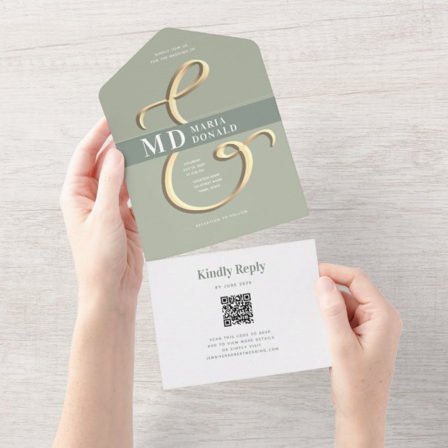 Invitación de boda todo en uno con código QR verde (desgarro)