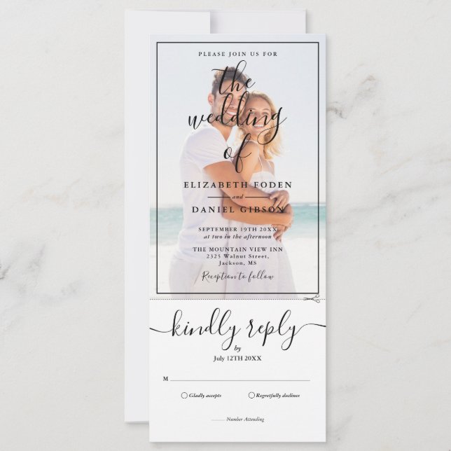 Invitación de boda todo en uno con escritura elega (Anverso)