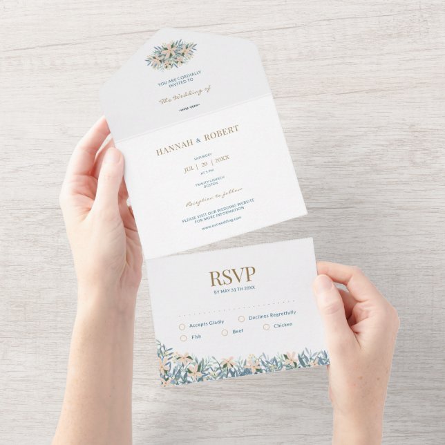 Invitación de boda todo en uno con flor silvestre  (desgarro)