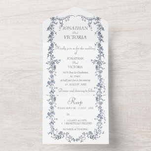 Invitación de boda todo en uno con flores azules p