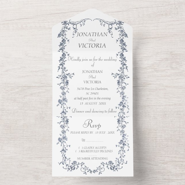 Invitación de boda todo en uno con flores azules p (Interior)
