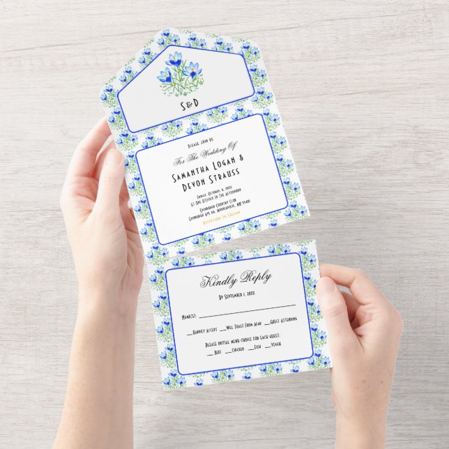 Invitación de boda Todo en Uno Crocus Azules Blanc (desgarro)