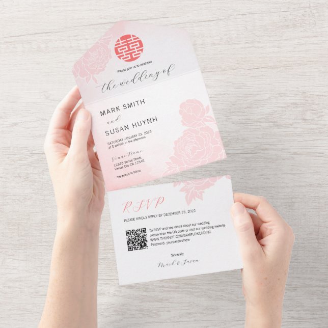 Invitación de Boda Todo en Uno de Acuarela China (desgarro)