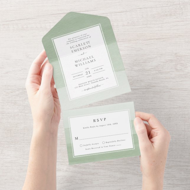 Invitación de boda todo en uno de acuarela verde (desgarro)