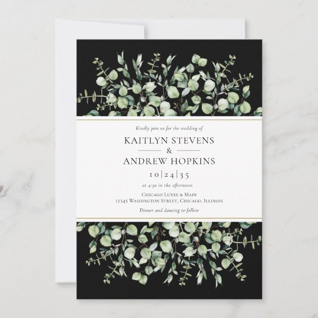 Invitación de boda todo en uno de eucalipto negro (Anverso)