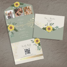Invitación de boda todo en uno de girasol y eucali
