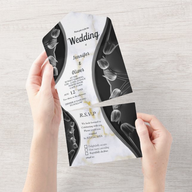 Invitación de boda todo en uno de mármol blanco y  (desgarro)