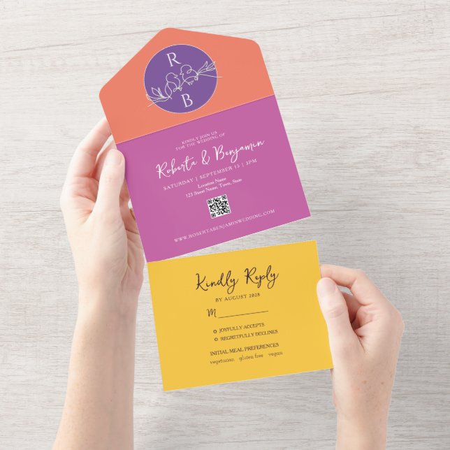Invitación de boda todo en uno de rosa brillante y (desgarro)