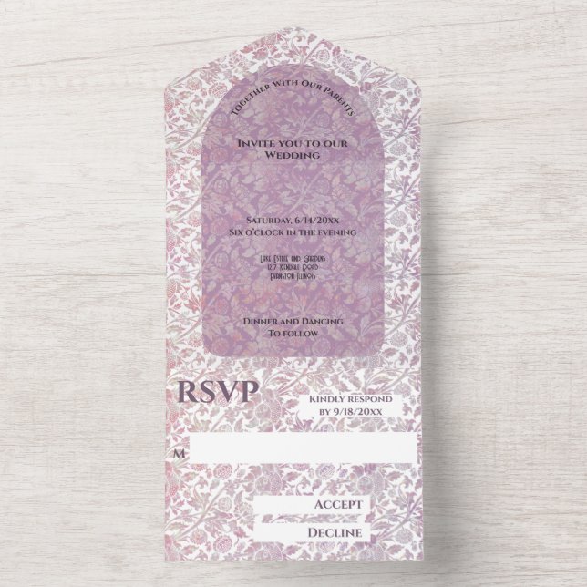 Invitación de boda todo en uno de rosa polvoriento (Interior)