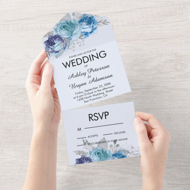 Invitación de boda todo en uno de rosas púrpuras y (desgarro)