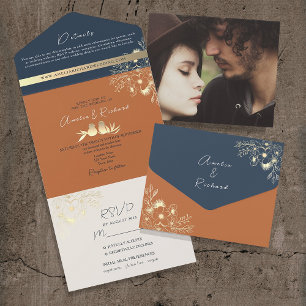 Invitación de boda todo en uno de terracota azul m