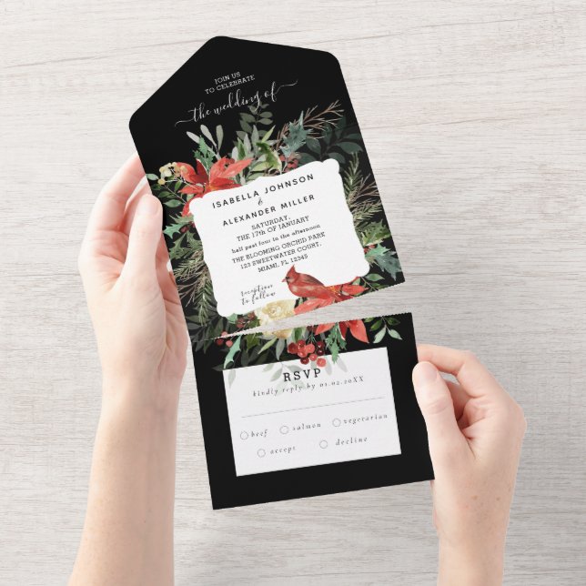 Invitación de Boda Todo en Uno de Winter Cardinal (desgarro)