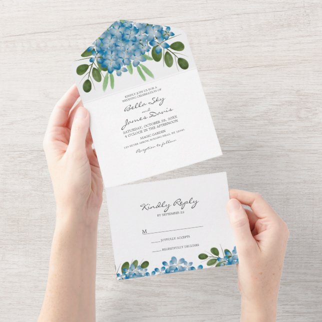Invitación de Boda Todo en Uno Elegante Hortensia  (desgarro)