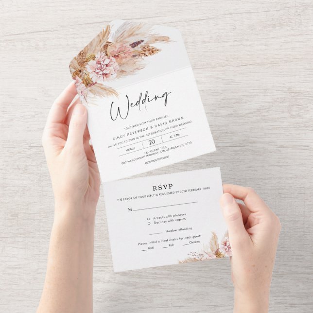Invitación de boda todo en uno estilo boho floral  (desgarro)