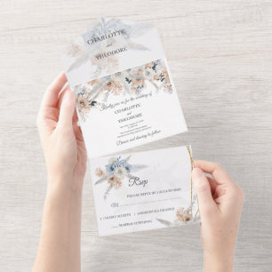 Invitación de Boda Todo en Uno Floral Beige Azul P