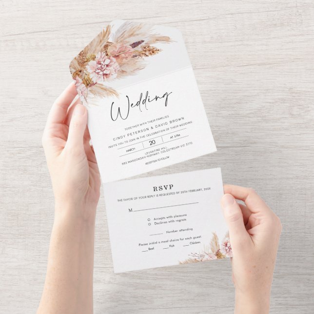 Invitación de Boda Todo en Uno Floral Boho Rubor (desgarro)