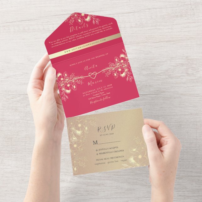 Invitación de Boda Todo en Uno Floral Magenta (desgarro)