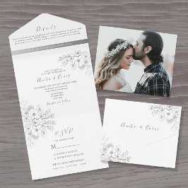 Invitación de Boda Todo en Uno Floral Plateada