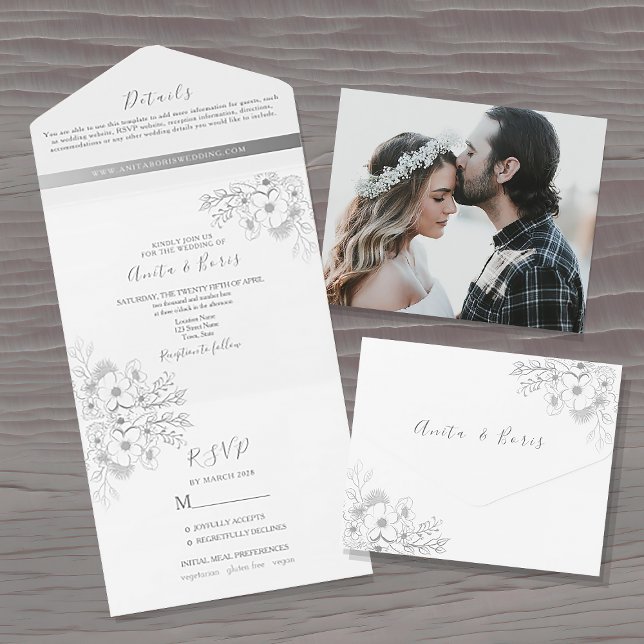 Invitación de Boda Todo en Uno Floral Plateada (Subido por el creador)