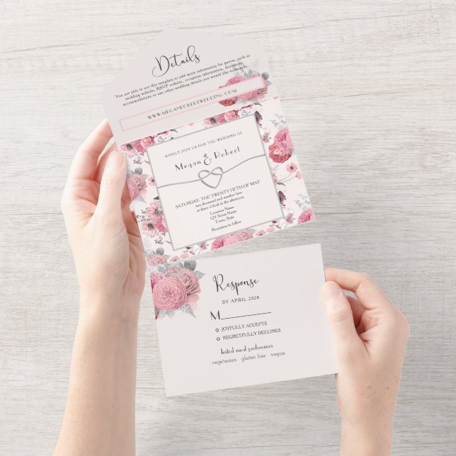 Invitación de Boda Todo en Uno Floral Sonrojo (desgarro)