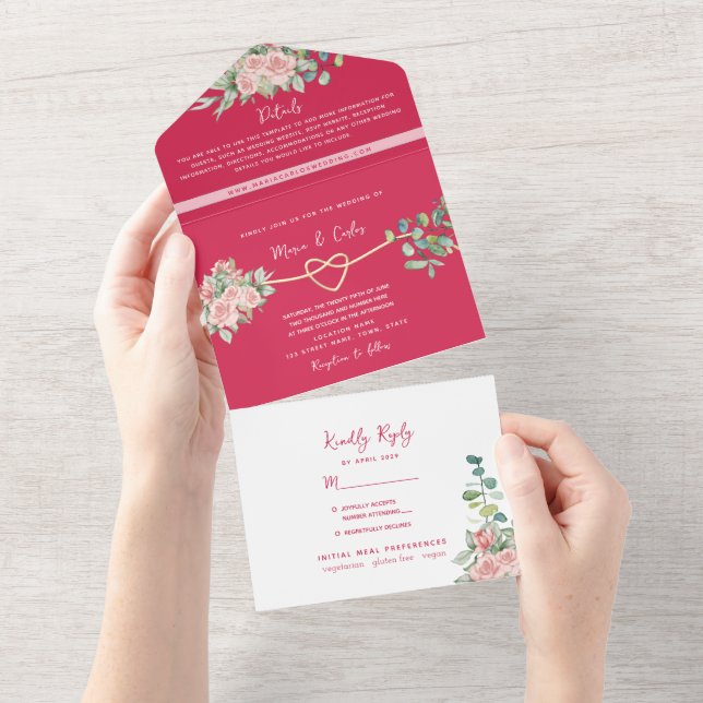 Invitación de Boda Todo en Uno Fuchsia Floral + Fo (desgarro)