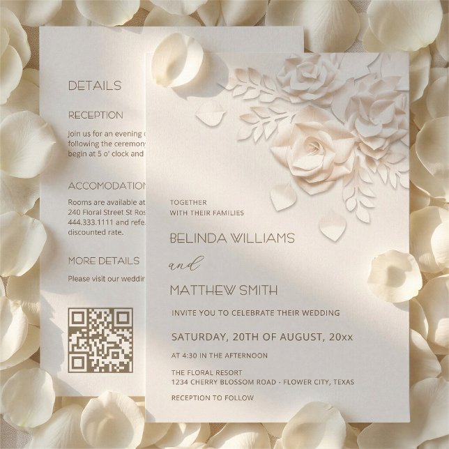 Invitación de boda todo en uno Ivory 3D Flowers (Subido por el creador)