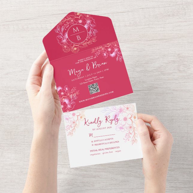 Invitación de Boda Todo en Uno Magenta Floral (desgarro)